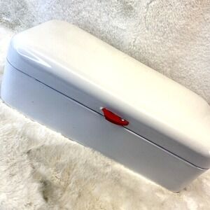 Vtg Porcelain Enamel Enameled White‎ Bread Storage Box Lidded Red Handle Granny